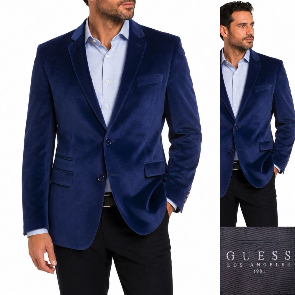 GUESS DEAN Sport Coat Jacket Casual Blazer Sz XL (46) Blue Two Button Cotton EUC